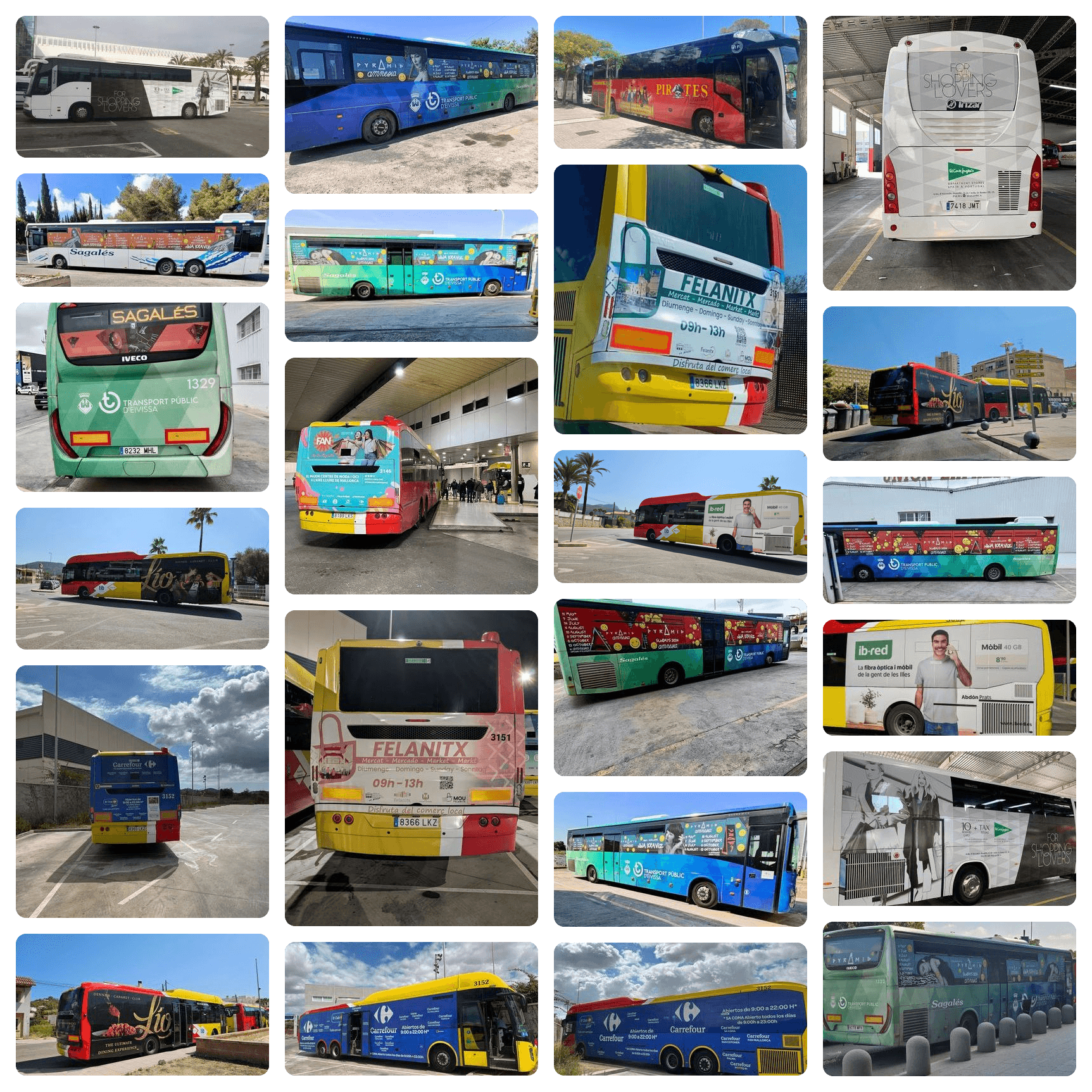 Collage de autobuses con publicidad rotulada en Mallorca e Ibiza