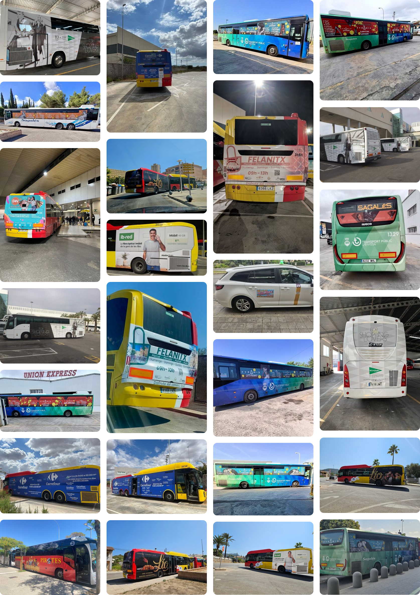 Collage de autobuses y taxis con publicidad rotulada en Mallorca e Ibiza